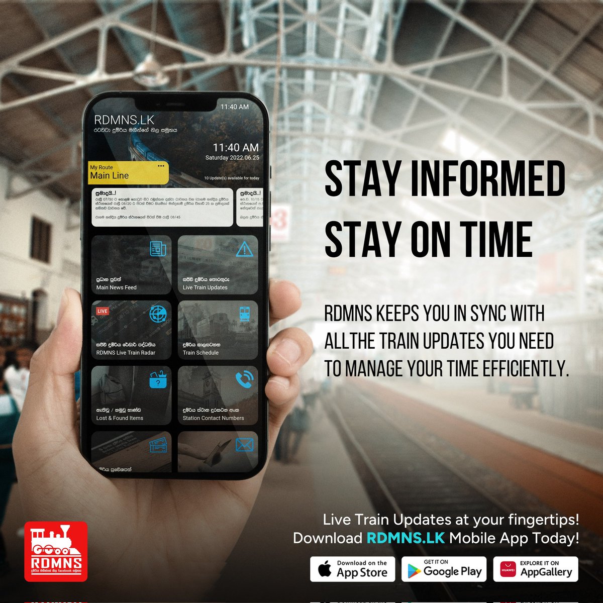 Stay on track with RDMNS!

Our app keeps you in sync with all the train updates you need to efficiently manage your time. Download now and experience the variety of features offered by RDMNS!

#RDMNS #livetrainalerts #SrilankaRailway
