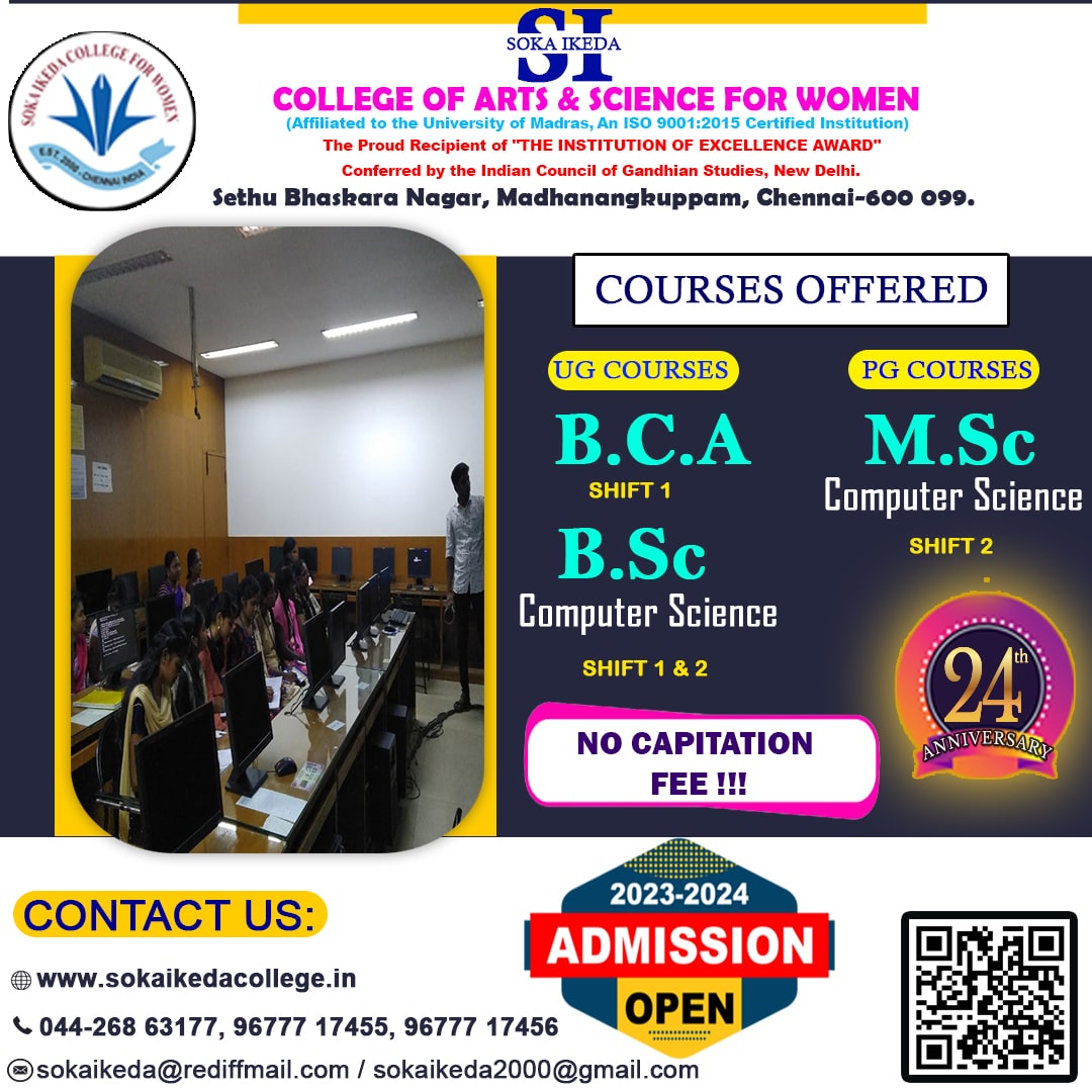 ☆ 𝐀𝐃𝐌𝐈𝐒𝐒𝐈𝐎𝐍 𝐎𝐏𝐄𝐍 𝟐𝟎𝟐𝟑-𝟐𝟎𝟐𝟒 ☆

#admissionopen #admission2023_2024 #shift #UG #BCA #BCAAdmission #bscdegree #MSC2023 #bsc #PG #msc #Mastersdegree #bachelordegree #coursesoffered #sokaIkeda #artandscience #SOKA #chennai #nocapitationfee  #bestinstitute