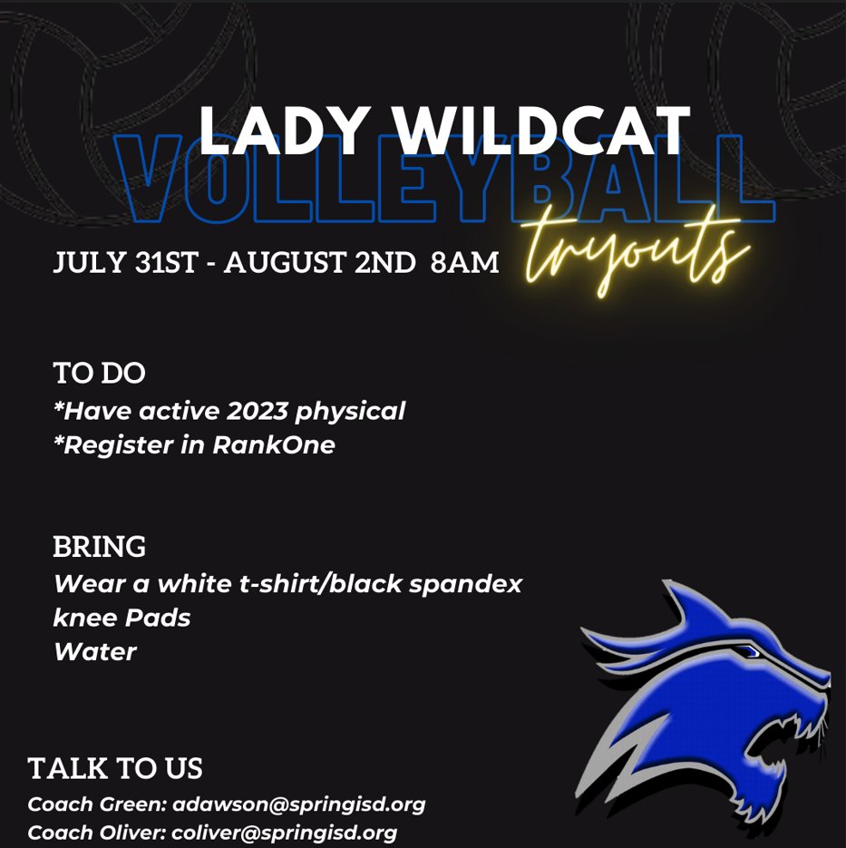 2023 Lady Wildcat Volleyball Tryout Info!  We cant wait to see you!