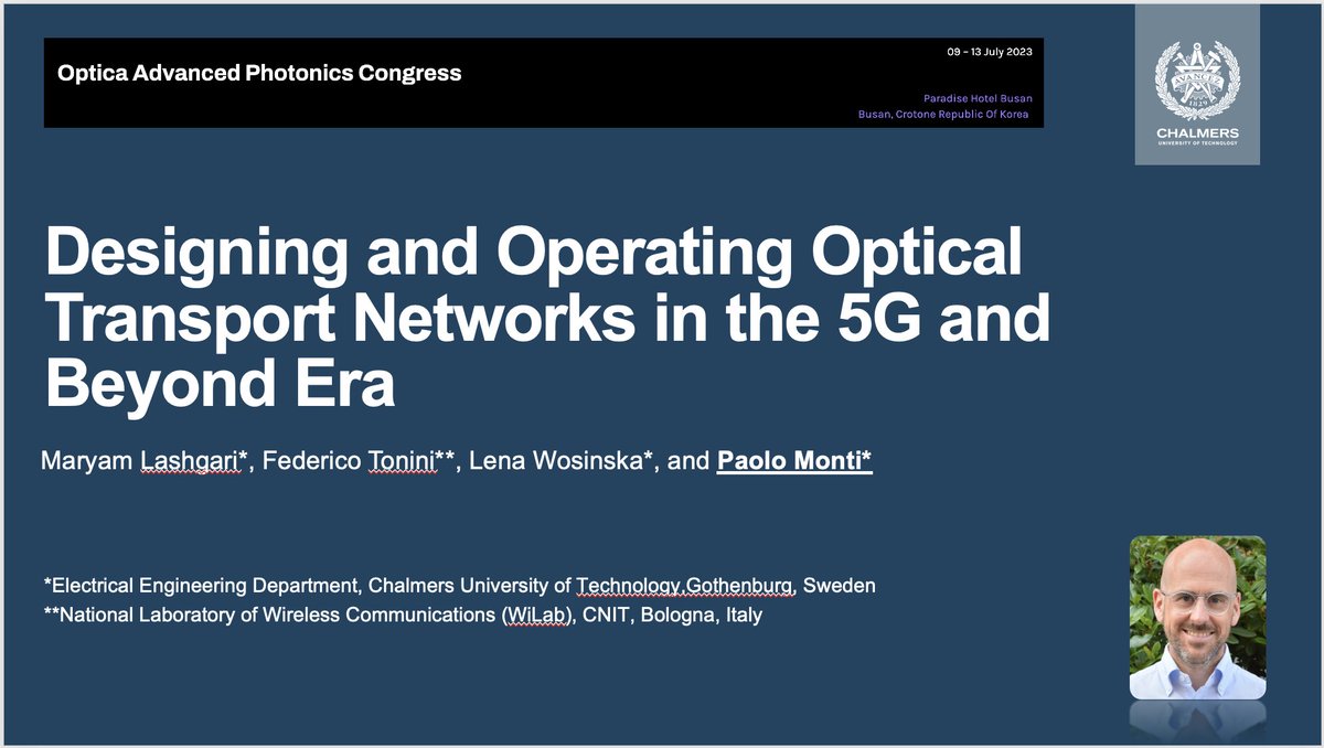 Paolo Monti (@paolmonti) on Twitter photo Closing the week at <a href="/optica/">Optica</a> Advanced Photonics Conference with a talk on designing and operating optical transport networks. We go live at 14:00. Thanks <a href="/AI_NET_PROTECT/">Celtic AI-NET-PROTECT</a> and <a href="/ai_net_aniara/">AI-NET ANIARA</a> for the support. <a href="/ChalmersOpNet/">Optical Networks Unit</a> <a href="/ChalmersICT/">Chalmers ICT</a> <a href="/ChalmersFORCE/">Fibre Optic Communications Research Centre</a> Closing the week at <a href="/optica/">Optica</a> Advanced Photonics Conference with a talk on designing and operating optical transport networks. We go live at 14:00. Thanks <a href="/AI_NET_PROTECT/">Celtic AI-NET-PROTECT</a> and <a href="/ai_net_aniara/">AI-NET ANIARA</a> for the support. <a href="/ChalmersOpNet/">Optical Networks Unit</a> <a href="/ChalmersICT/">Chalmers ICT</a> <a href="/ChalmersFORCE/">Fibre Optic Communications Research Centre</a>
