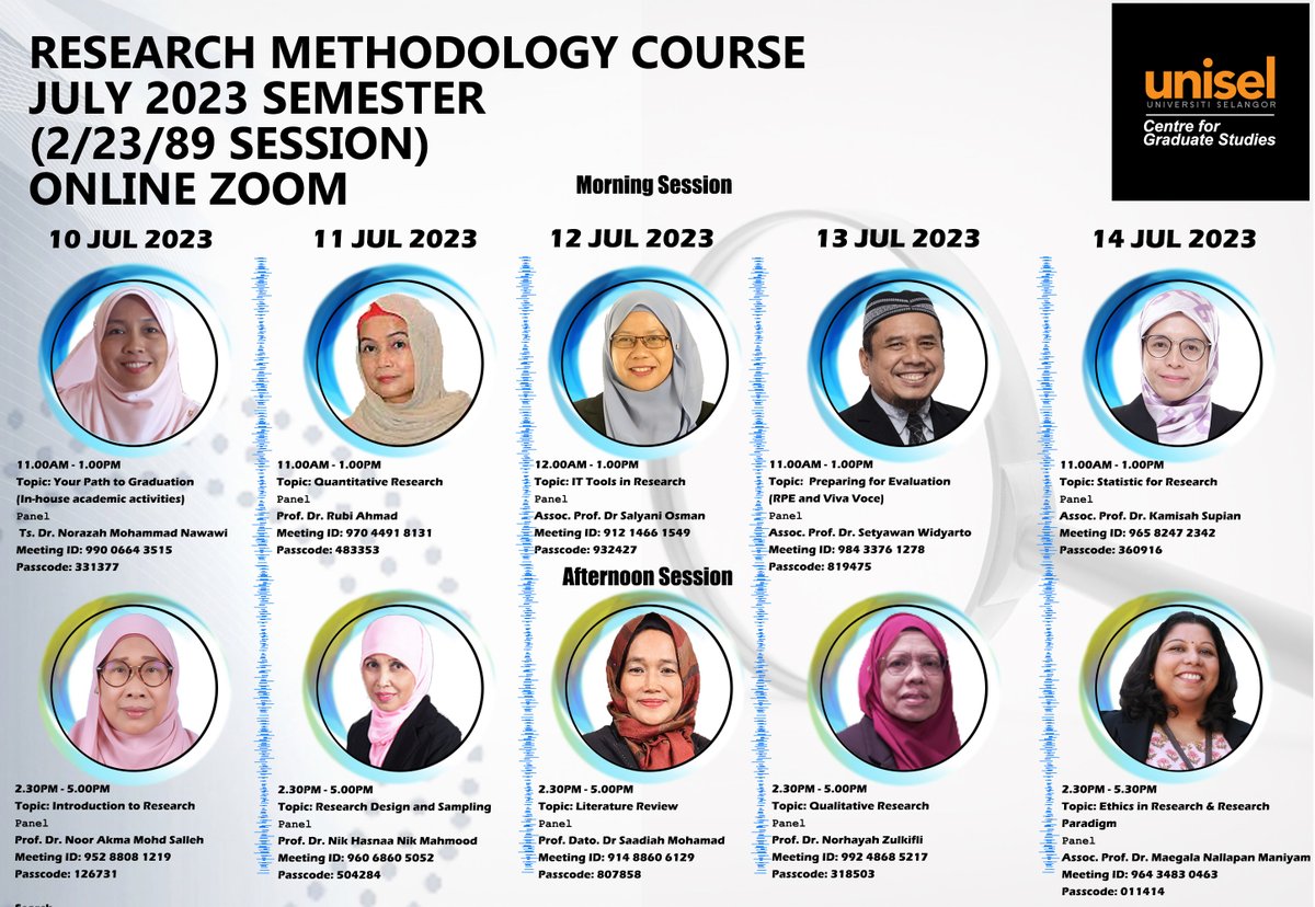 ForUnisel's tweet photo. RESEARCH METHODOLOGY COURSE 2023
10 Jul - 18 Jul 2023
JULY 2023 SEMESTER (2/23/89 SESSION)
ONLINE ZOOM APPLICATION
See U There!
- Admin-
#unisel #uniselian #uniselshahalam #uniselawesome #uniselbestarijaya https://t.co/iVNTuKfGkc