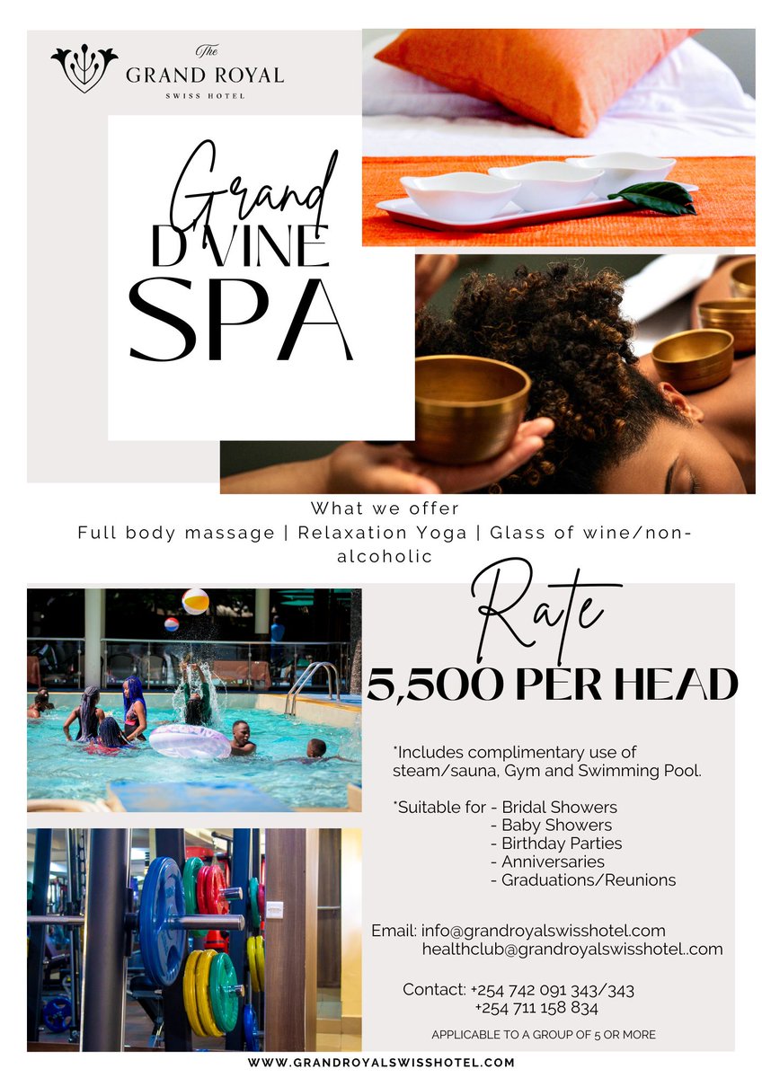 grandroyalswiss's tweet photo. Get that exceptional service from our Nandi spa!
Package applicable to a group of 5 or more. 

#nandispa #goldsgym #aquariuspool #visitthegrandroyalswisshotel https://t.co/XEWwDqr4a2