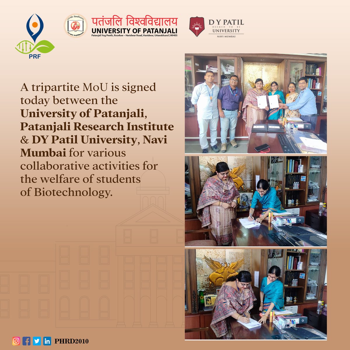 A tripartite MoU is signed today between the University of Patanjali, Patanjali research institute and DY Patil University, Navi Mumbai for various collaborative activities for the welfare of students of biotechnology.
#mou #universityofpatanjali #MoUsigned #dypatilcollege