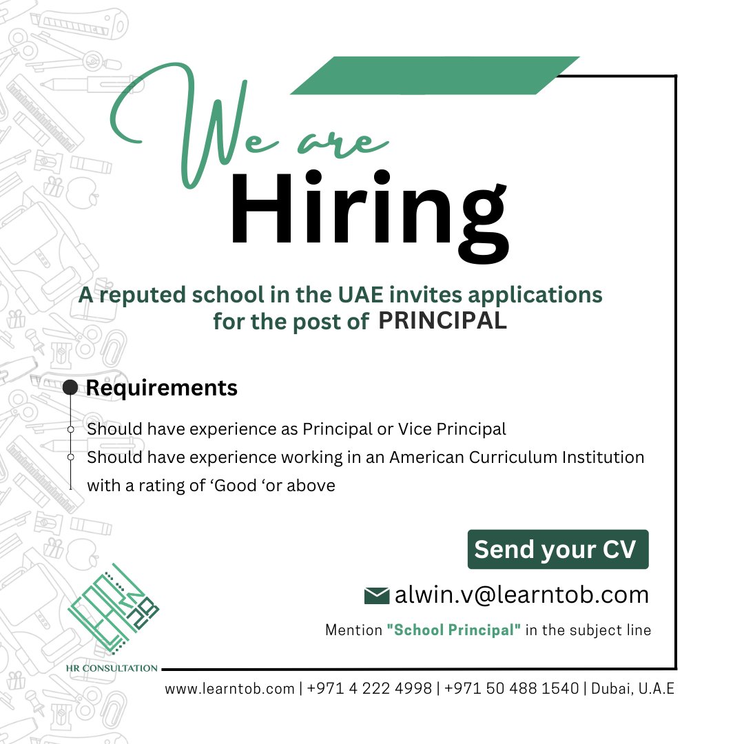 Learn_To_B's tweet photo. #LearnToB #schoolprincipal
We are hiring!!
A reputed school in the UAE invites applications for the post of Principal.
๐งSend your CV to alwin.v@learntob.com
#hiring #principal #viceprincipal #recruitment #humanresources #dubai #job #vacancy #opportunities #uae #career #HR #jobs https://t.co/akgOUk2oAT