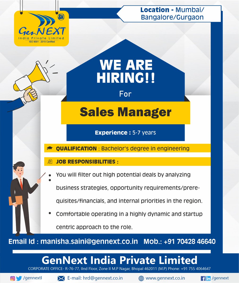 GennextL's tweet image. #urgentrequirement
Job Title: Sales Manager

#salesmanagerjob #mumbaijob #bangalorehiring #engineering #bangalore #mumbai #sales #gurgaon #hiring #experience #hiring2023 #job #work #jobalerts #vacancyjob #gennext #gennexthiring #gennextjob