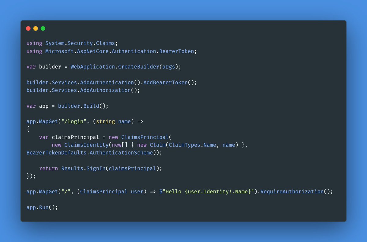 davidfowl's tweet photo. Just installed .NET 8 preview 6 and rushed to try out the new bearer token auth APIs. We've added a new auth handler for bearer tokens (not JWT) that you can use in your APIs: #dotnet #aspnetcore https://t.co/WBo5nJyHa1