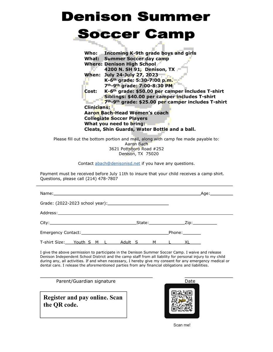 DhsLadyjackets's tweet photo. Denison High School Soccer Camp. Come out have fun, and improve your soccer skills. The deadline for a camp shirt will be July 24th the first day of camp. https://t.co/T0HWsandtf