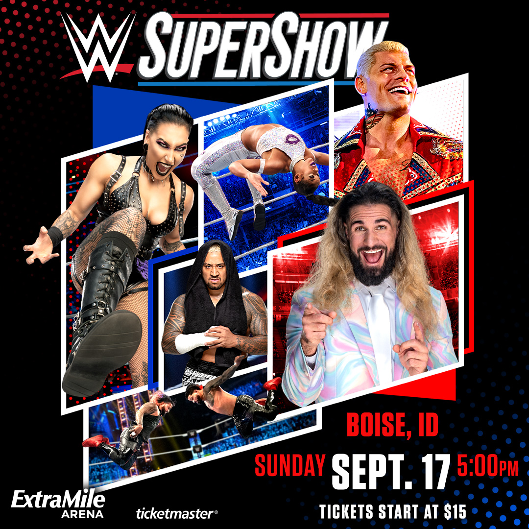 .@WWE Superstars from RAW & SmackDown return to Boise on Sunday, September 17! Use offer code = WWESUPERSTAR Presale runs July 12 at 10:00AM MDT thru July 13 at 11:59PM MDT. Tickets go on sale to the public Friday, July 14 at 10:00AM MDT. 🎟// ticketmaster.com/event/1E005EDA…