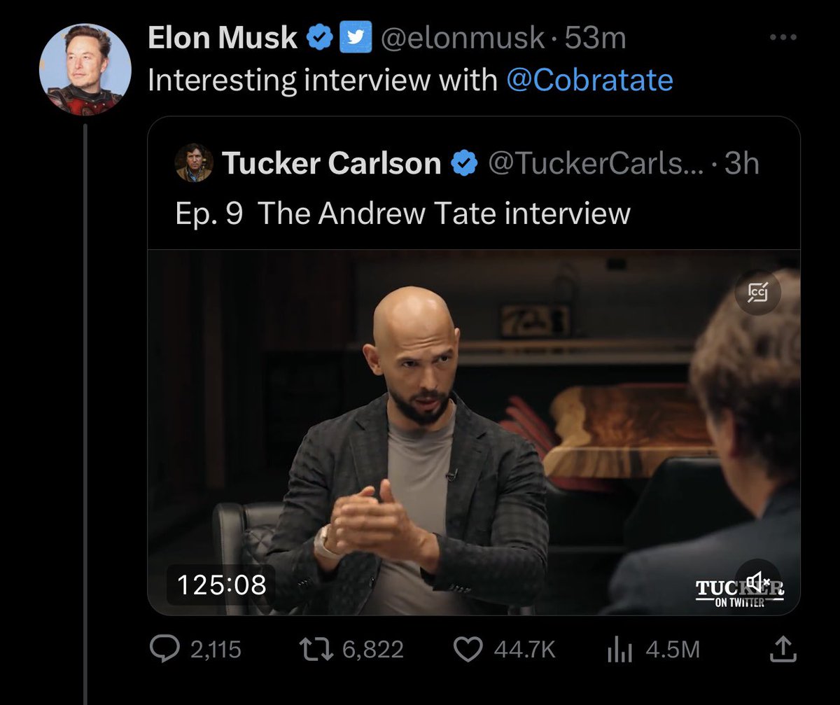 Elon Musk (owner of Twitter) promotes an interview with Tucker Carlson (disgraced former Fox News anchor who pushed white supremacist rhetoric) and Andrew Tate (misogynist influencer charged with rape and human trafficking). This is why millions of people are leaving Twitter.