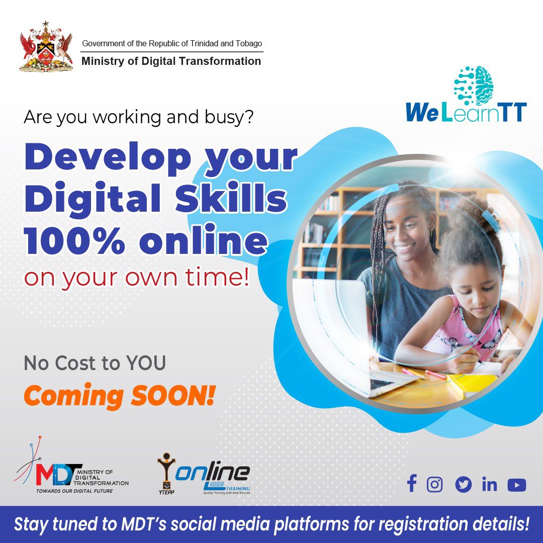 YTEPP1's tweet photo. Caption: Don’t forget that we’ll be accepting applications for MDT/Ytepp’s Digital Literacy Programme SOON! 🦾 
You can learn:  
✅ how to navigate the internet
✅ how to be safe online 
✅ how to access government services online &amp; more! 
#TransformTT #DigitalTransformationTT https://t.co/7DjksnMKFS