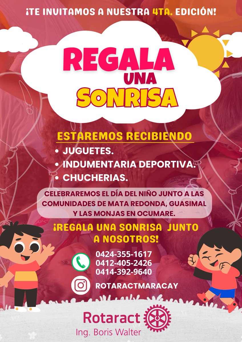 RotaractMaracay's tweet photo. Este 20,22 y 23 de Julio estaremos llevando sonrisas a las comunidades de guasimal, mata redonda y las monjas en Ocumare, únete a nosotros y regala una sonrisa ✨
#Maracay #DiaDelNiño https://t.co/TZNW8y0iJi