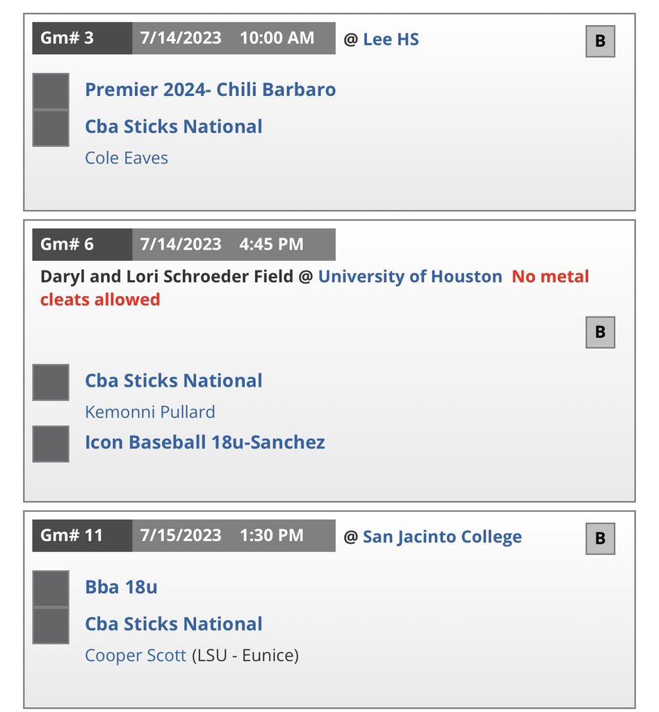 Clubhouse Baseball Academy (@cbasticks) on Twitter photo CBA Sticks National Schedule & pitching rotation for this weekend in Houston! Come check out some great baseball players!
Game 1- <a href="/EavesCole/">Cole Eaves</a>
Game 2-<a href="/PullardKemonni/">Kemonni Pullard</a>
Game 3-<a href="/cooperscott2024/">Cooper Scott</a> CBA Sticks National Schedule & pitching rotation for this weekend in Houston! Come check out some great baseball players!
Game 1- <a href="/EavesCole/">Cole Eaves</a>
Game 2-<a href="/PullardKemonni/">Kemonni Pullard</a>
Game 3-<a href="/cooperscott2024/">Cooper Scott</a>