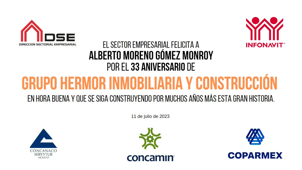 Desde la DSE del @Infonavit felicitamos a @_Moreno_Alberto, director general de #GrupoHermor por sus 33 años de operaciones. ¡Muchas felicidades! 🎉🎊👏 @CANADEVINAC