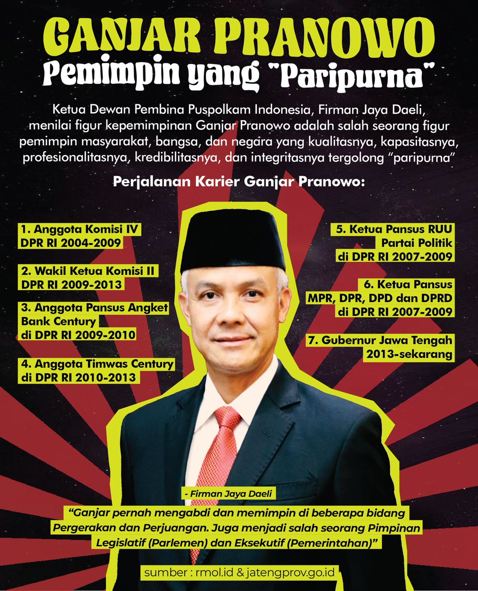 Ganjar Pranowo adl pemimpin yang selalu AMANAH dan MENUNTASKAN kewajibannya

Tanpa DIPECAT, tanpa Direshuffle apalagi sampai DIBERHENTIKAN

Mulai dari anggota DPR RI, anggota Pansus, Timwas hingga jadi Gubernur 2 Periode TUNTAS

Karena tuannya adalah RAKYAT, Gubernur cuma mandat