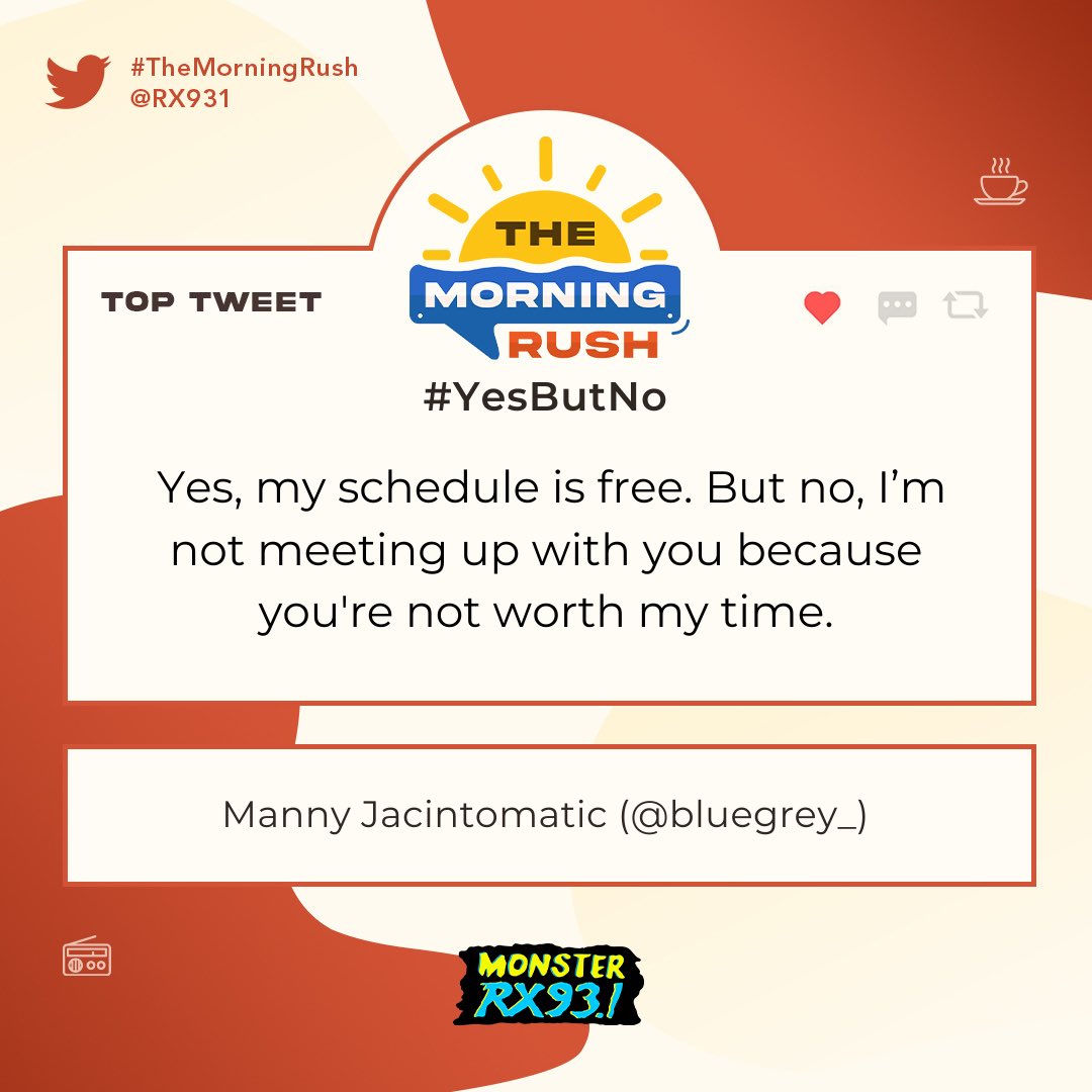 RX931's tweet photo. Top Entry: #YesButNo from @angpipit_ and @bluegrey_ #TheMorningRush https://t.co/s4N59IZ9fD