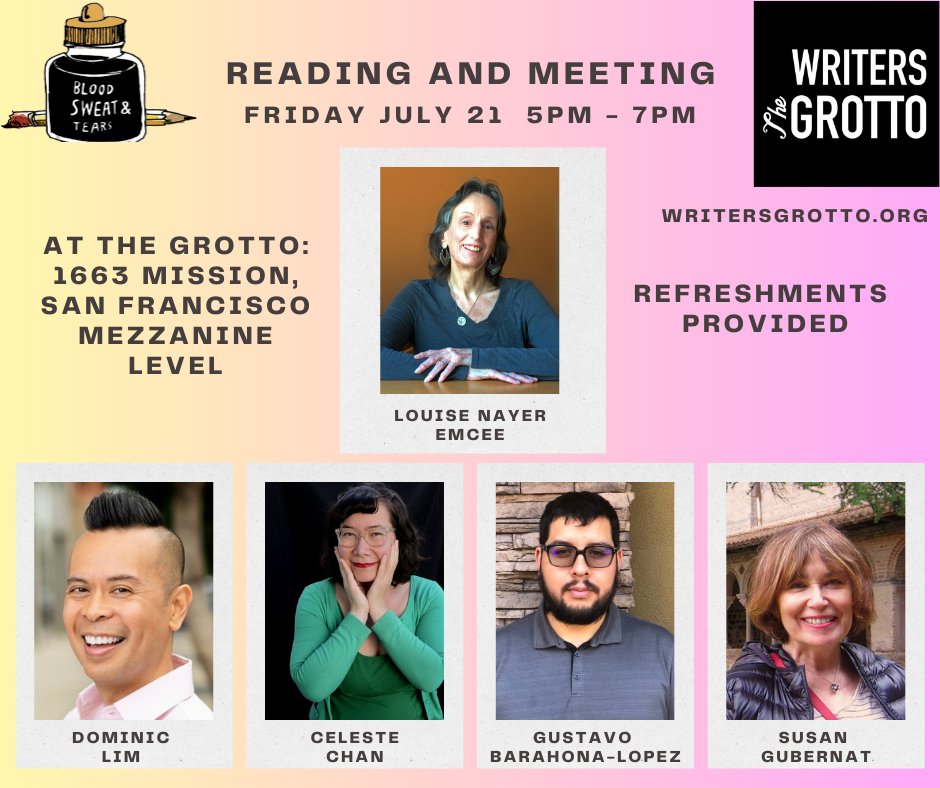 sfgrotto's tweet image. On July 21, hop into the Grotto for a fantastic line up of readings by @J_Dominic_Lim  @celestechan2020  @TruthSinVerdad and Susan Gubernat! Free access, refreshments and a chance to chat with our dear, talented members!