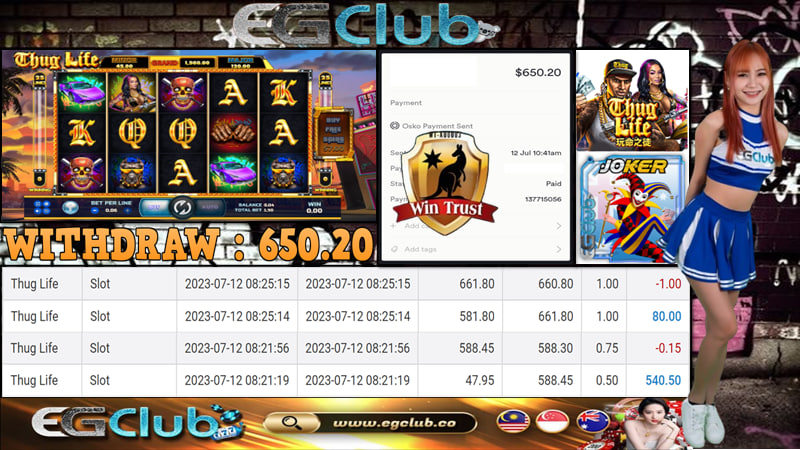 EGClub_Aus's tweet photo. Platform - JOKER123
Game - THUG LIFE

Deposit -  AUD 20.00
Withdraw - AUD 650.20
Bet Amount - AUD 0.50

Join the club, feel the thrill – EGClub, where tongue twisters come to chill!
|Live Chat Room : https://t.co/dFYikqQFuT https://t.co/OGYpZfMwS8