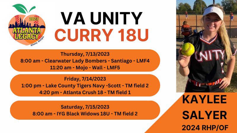 Headed to Atlanta Legacy this weekend!! Come watch ⬇️⬇️ <a href="/legacyshowcase1/">Atlanta Legacy Showcase</a> <a href="/CoastRecruits/">Coast 2 Coast Recruits</a> <a href="/vaunitycurry/">VA Unity - Curry</a> <a href="/ExtraInningSB/">EXTRA INNING SOFTBALL</a> <a href="/IHartFastpitch/">I❤️Fastpitch</a> <a href="/LegacyLegendsS1/">Legacy & Legends Softball</a> <a href="/softball_dugout/">The Softball Dugout</a> <a href="/PGFnetwork/">PGF</a> <a href="/TopPreps/">TOP PREPS - Free Sports News, Videos & Information</a> @Los_Stuff <a href="/softballamerica/">Softball America</a> <a href="/UnityCoachJosh/">Josh Johnson</a>