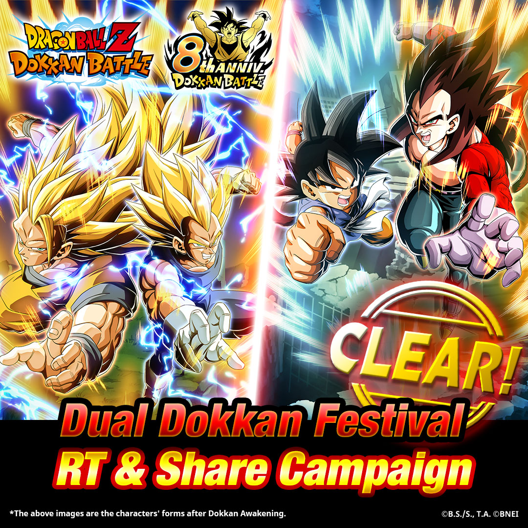 [8th Anniversary Promo -Dual Dokkan Festival- RT &amp; Share Campaign]

The special video reached 8,888 RT &amp; shares worldwide on TW, FB &amp; IG!
All users will get 10 Dragon Stones!
 
Thank you for participating! 

#dokkanbattle #dokkanbattleglobal #dokkan #dragonball