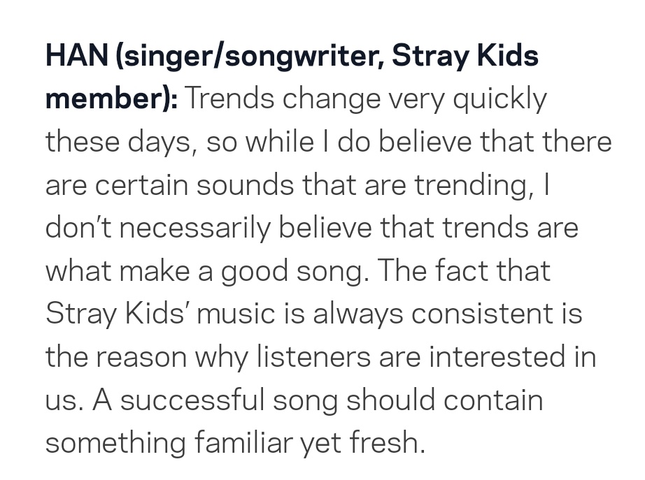 dlmlugf's tweet photo. Han explained it so well, the reason why Stray Kids music has longevity, because they focus on their own concept and musical identity rather than trying to keep up with trends https://t.co/RAJIqnVeLu