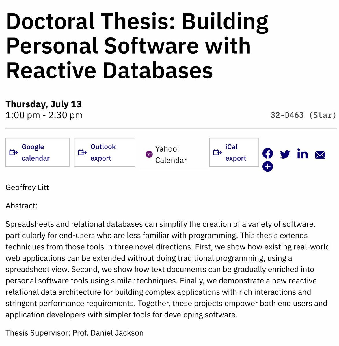 This Thursday I'm presenting my PhD thesis defense at MIT! Summarizing years of research on making it easier for people to build software using ideas from spreadsheets 🤓

Not sharing Zoom link publicly but just DM me if you want to watch! (will also post recording later)