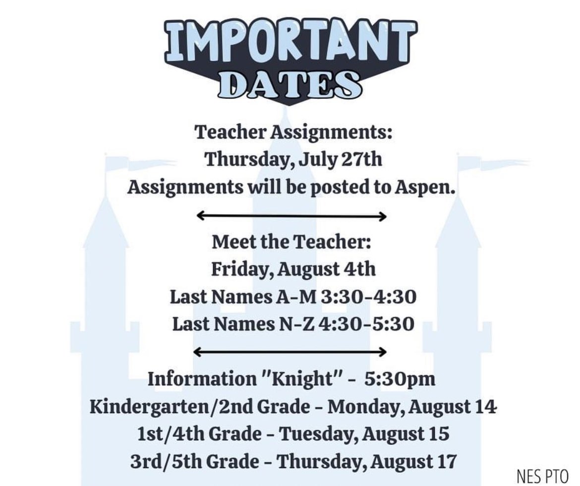 Get ready Knights!!! Summer is almost over. Here are some important dates, so mark your calendars! <a href="/shelly_maddux/">SHELLY MADDUX</a> <a href="/DannyTKCS/">Danny Trent</a> <a href="/NorthshoreES/">NorthshoreElementary</a>