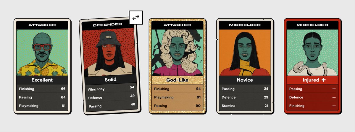 MartianPLeague's tweet photo. Our Brand &amp; Creative team is exploring how to build new ways for holders to showcase their players, traits and stats. 👀

We’re experimenting with collectible trading card designs holders can customize!

WIP looking shaaaaarp: https://t.co/eFvz3s0rot