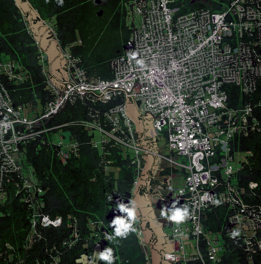 Evan Dethier (@evandethier) on Twitter photo Satellite views of the Vermont floods are just out, and they show some of the historic damage to roads and infrastructure.
Here, the muddy Otter Creek causes extensive flooding by Rutland, VT.  The normal channel is a thin line through the floodwaters.
from midday July 11. Satellite views of the Vermont floods are just out, and they show some of the historic damage to roads and infrastructure.
Here, the muddy Otter Creek causes extensive flooding by Rutland, VT.  The normal channel is a thin line through the floodwaters.
from midday July 11.