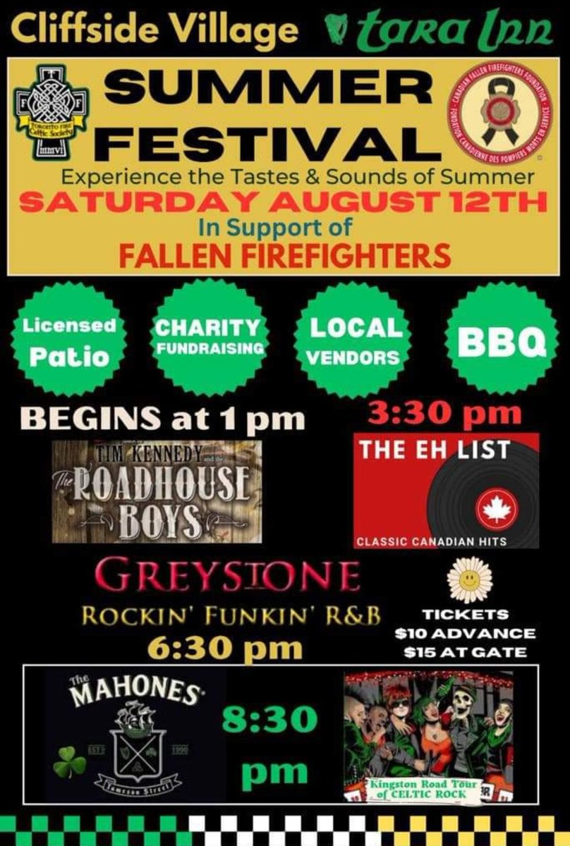 Check out this event at Tara Inn with all proceeds going to this years TPFFCS Memorial Ride to Ottawa and the Canadian Fallen Firefighters Foundation. See the line up, bring the kids see the Scar Antique Fire truck. Merch also available from Toronto Firefighters Celtic Society