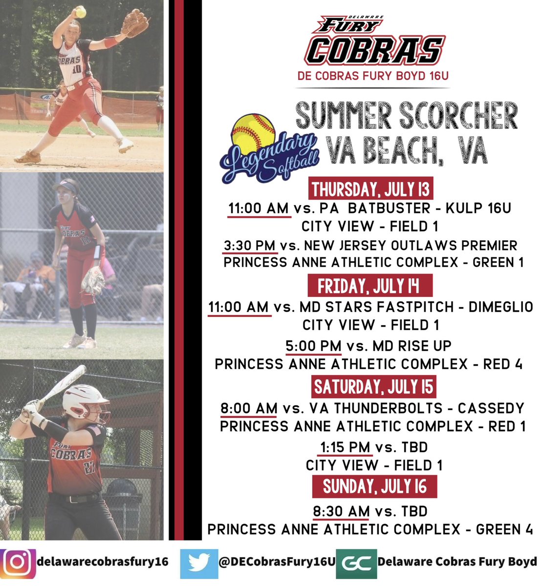 Delaware Fury Cobras 18U Boyd (@defurycobras) on Twitter photo Schedule for the extended weekend at the Legendary Softball Summer Scorcher in VA Beach. Hope to see you there!
<a href="/DelawareCobras/">Delaware Cobras Fury</a>
<a href="/Andrade1323/">Luis Andrade</a> Schedule for the extended weekend at the Legendary Softball Summer Scorcher in VA Beach. Hope to see you there!
<a href="/DelawareCobras/">Delaware Cobras Fury</a>
<a href="/Andrade1323/">Luis Andrade</a>
