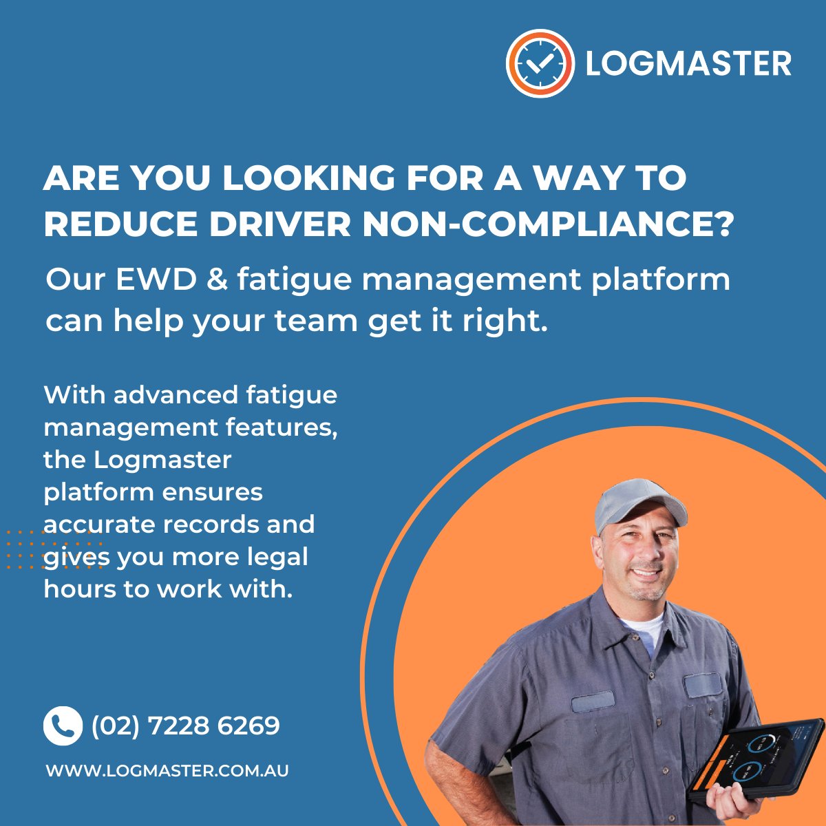 LogmasterAU's tweet image. Are you looking for a way to reduce driver non-compliance? 🚚 For more info visit logmaster.com.au or call us at  (02) 7228 6269. #fleetmanagement #transportcompliance #fatiguemanagement #EWD