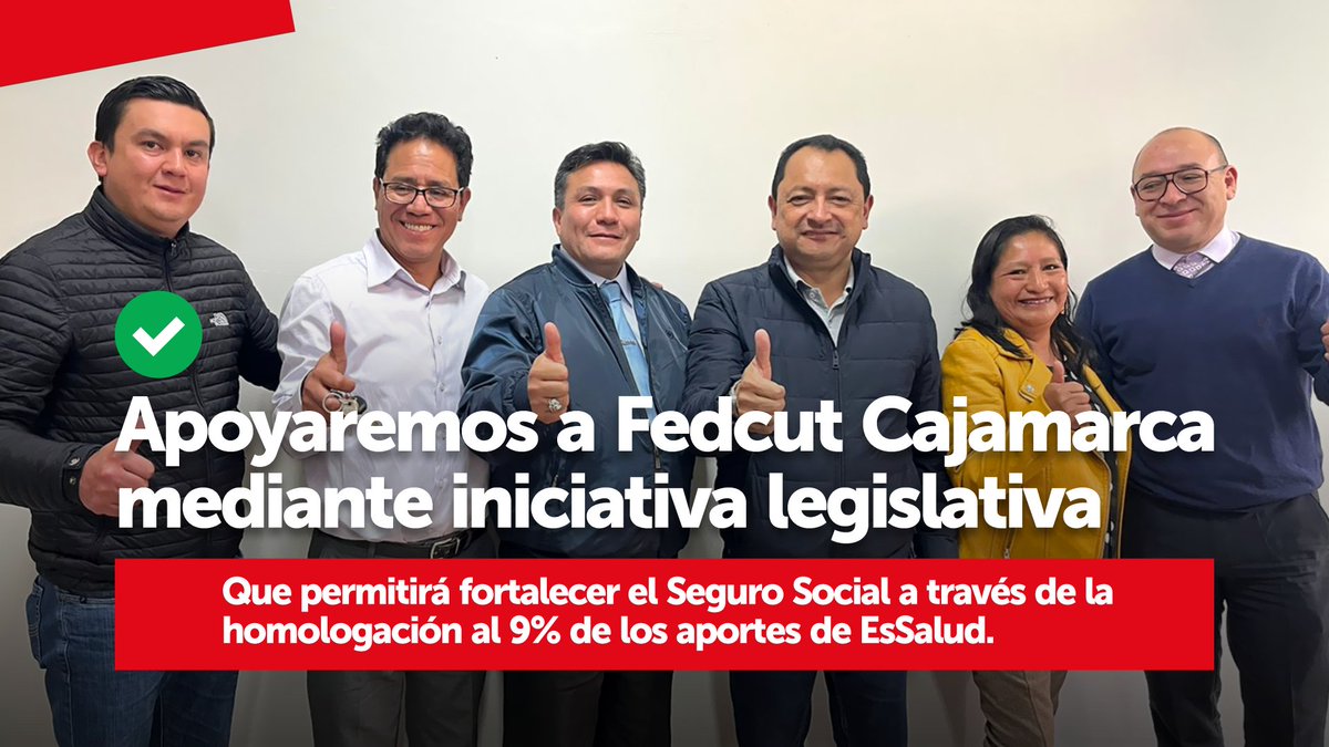 #SemanaDeRepresentación <a href="/congresoperu/">Congreso del Perú 🇵🇪</a> 
Gestionaremos apoyo a <a href="/FedCut/">Federación CUT</a> #Cajamarca mediante iniciativa legislativa que permitirá fortalecer el Seguro Social a través de la homologación al 9% de los aportes de <a href="/EsSaludPeru/">EsSalud Perú</a>