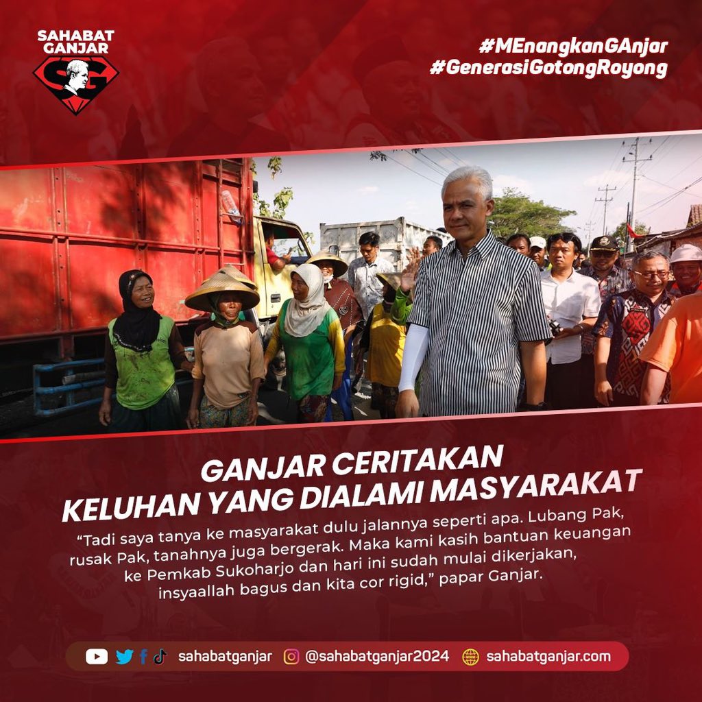 sahabatganjar's tweet photo. Gubernur Jawa Tengah Ganjar Pranowo mengecek perbaikan ruas jalan Cuplik-Telukan, di Kampung Sayemrejo Desa Sonorejo, Kecamatan Sukoharjo, Kabupaten Sukoharjo, Selasa (11/7/2023).

Jalan yang diperbaiki tersebut merupakan jalan yang dilaporkan rusak oleh warga melalui aplikasi LaporGub. Perbaikan jalan dikerjakan dengan memakai anggaran dari bantuan keuangan Pemprov Jateng.

“(Jalan) ini termasuk yang banyak dilaporkan ke kami karena kondisi banyak lubang. Ini mulai dikerjakan tapi bantuan keuangan kami berikan kepada Pemkab Sukoharjo dan Pemkab yang mengelola itu. Maka ini kami cek ke lapangan dan insyaallah hasilnya bagus,” kata Ganjar saat di lokasi.

#SahabatGanjar #GanjarPranowo #Ganjar #GenerasiGotongRoyong #MEnangkanGAnjar #MEnangkanGAnjarTotal