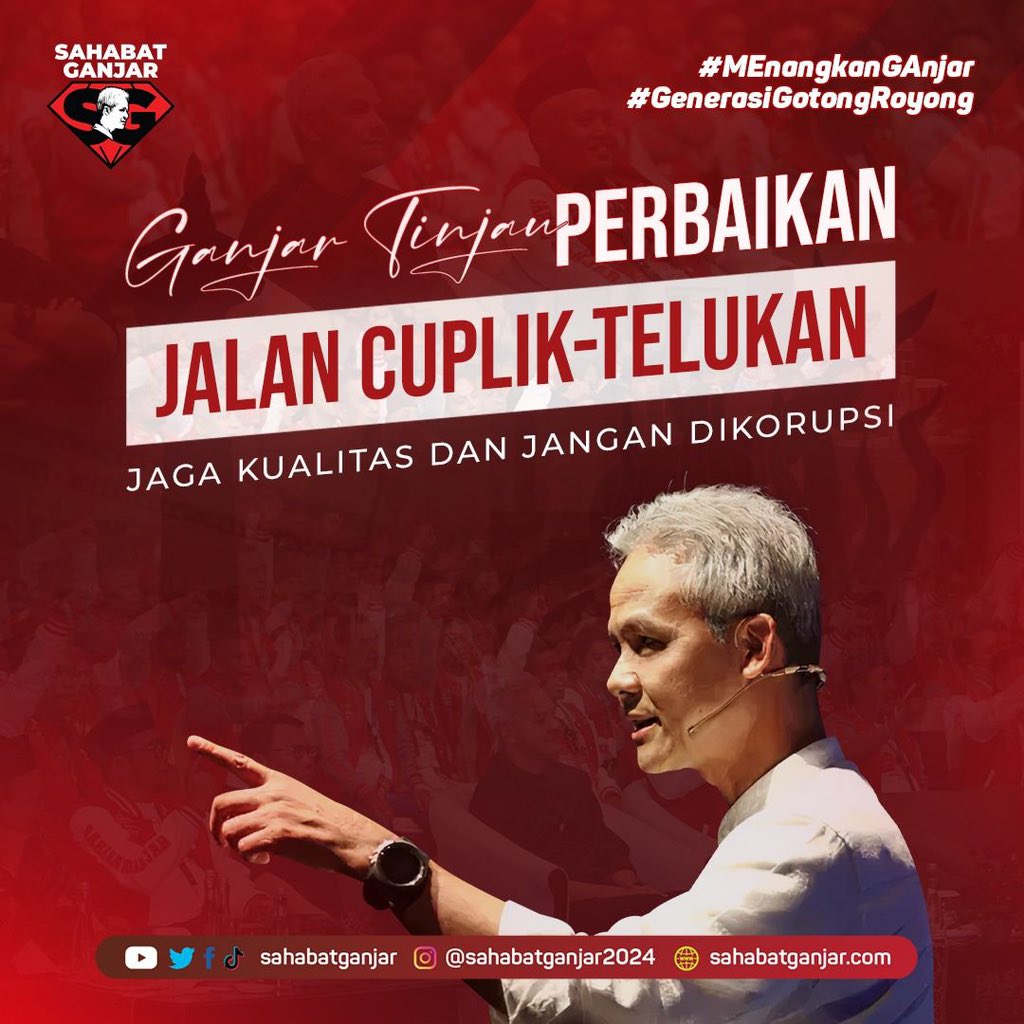 sahabatganjar's tweet photo. Gubernur Jawa Tengah Ganjar Pranowo mengecek perbaikan ruas jalan Cuplik-Telukan, di Kampung Sayemrejo Desa Sonorejo, Kecamatan Sukoharjo, Kabupaten Sukoharjo, Selasa (11/7/2023).

Jalan yang diperbaiki tersebut merupakan jalan yang dilaporkan rusak oleh warga melalui aplikasi LaporGub. Perbaikan jalan dikerjakan dengan memakai anggaran dari bantuan keuangan Pemprov Jateng.

“(Jalan) ini termasuk yang banyak dilaporkan ke kami karena kondisi banyak lubang. Ini mulai dikerjakan tapi bantuan keuangan kami berikan kepada Pemkab Sukoharjo dan Pemkab yang mengelola itu. Maka ini kami cek ke lapangan dan insyaallah hasilnya bagus,” kata Ganjar saat di lokasi.

#SahabatGanjar #GanjarPranowo #Ganjar #GenerasiGotongRoyong #MEnangkanGAnjar #MEnangkanGAnjarTotal