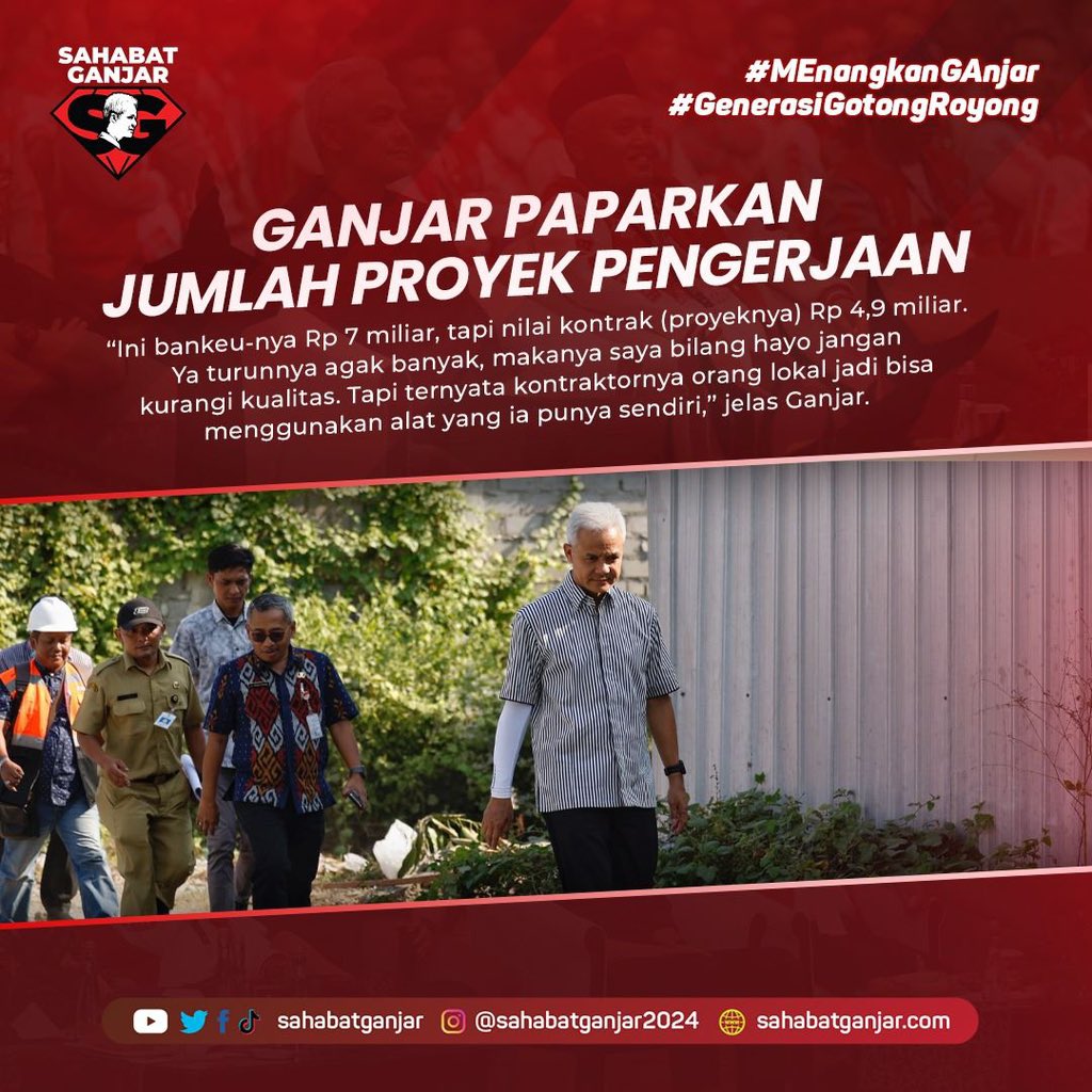 sahabatganjar's tweet photo. Gubernur Jawa Tengah Ganjar Pranowo mengecek perbaikan ruas jalan Cuplik-Telukan, di Kampung Sayemrejo Desa Sonorejo, Kecamatan Sukoharjo, Kabupaten Sukoharjo, Selasa (11/7/2023).

Jalan yang diperbaiki tersebut merupakan jalan yang dilaporkan rusak oleh warga melalui aplikasi LaporGub. Perbaikan jalan dikerjakan dengan memakai anggaran dari bantuan keuangan Pemprov Jateng.

“(Jalan) ini termasuk yang banyak dilaporkan ke kami karena kondisi banyak lubang. Ini mulai dikerjakan tapi bantuan keuangan kami berikan kepada Pemkab Sukoharjo dan Pemkab yang mengelola itu. Maka ini kami cek ke lapangan dan insyaallah hasilnya bagus,” kata Ganjar saat di lokasi.

#SahabatGanjar #GanjarPranowo #Ganjar #GenerasiGotongRoyong #MEnangkanGAnjar #MEnangkanGAnjarTotal