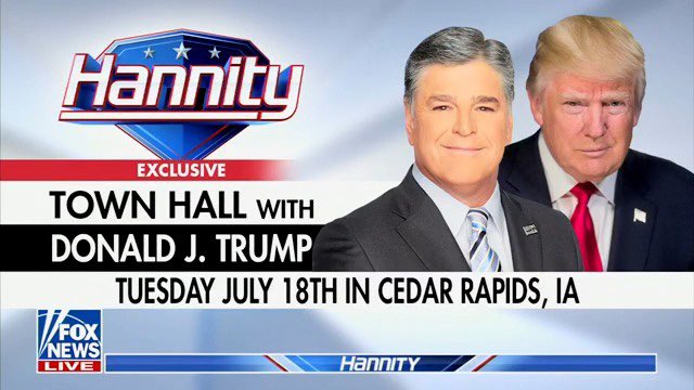 TrumpWarRoom's tweet photo. 🚨 President Trump returns to Iowa this Tuesday for an EXCLUSIVE town hall with @seanhannity. Tune in! https://t.co/Myjvxnvsb1