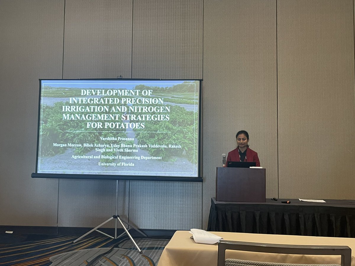 VivekSharmaUF's tweet photo. Nice job by @Varshitha_P1 in presenting her research for first time at #ASABE23 on precision irrigation and nitrogen management in Potatoes under sprinkler irrigation! https://t.co/LoxhB110hM