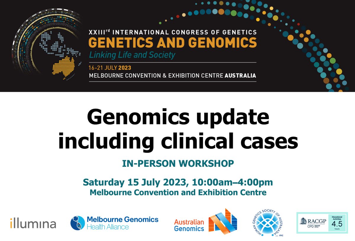 THIS WEEKEND! I won't be at #ICG2023 in #Melbourne but there is a great <a href="/AusGenomics/">Australian Genomics</a> #professionaleducation session for #healthcare providers wanting to know more about #genetics and #genomics! #HGSA #ICG2023 #AusGenomics #MelbGenomics #Illumina icg2023.com.au/genomics-updat…