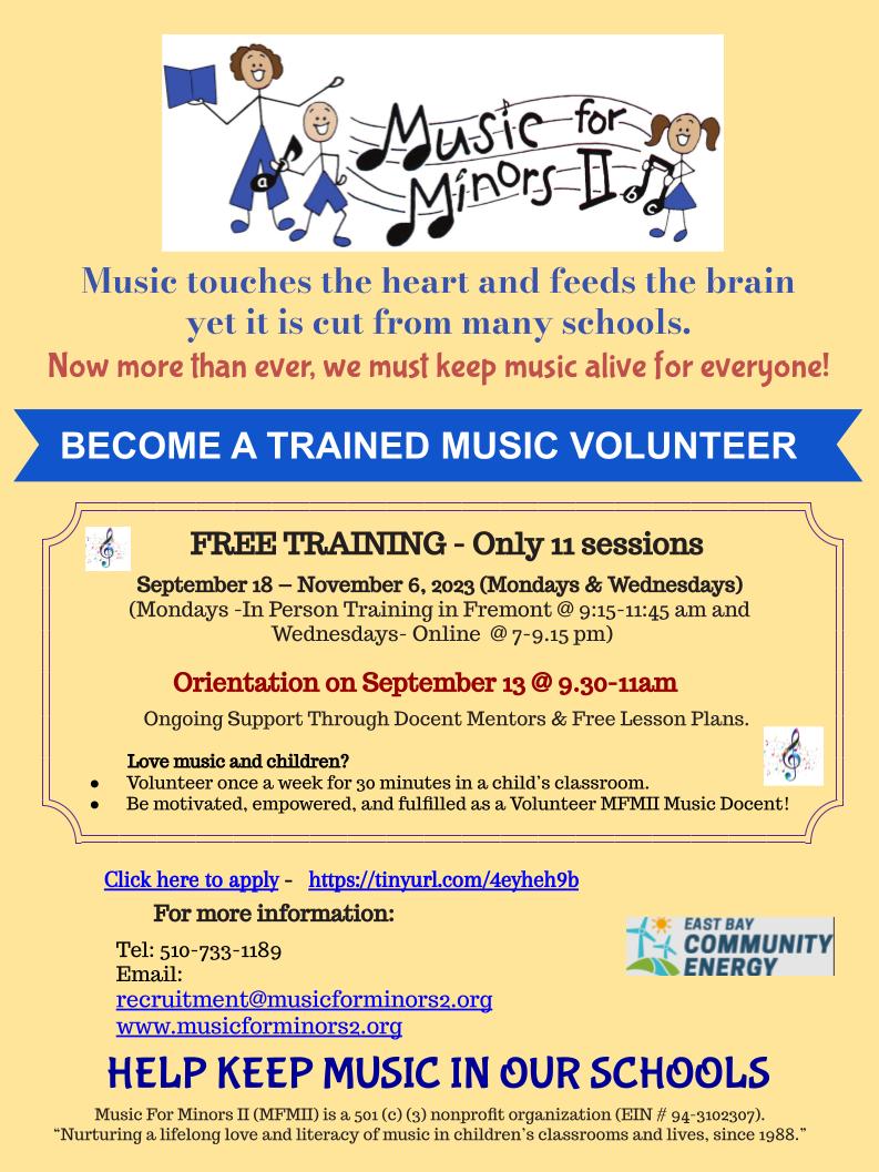 MFMII_ORG's tweet photo. 🎵 Join us for a free docent training from Sep 18 - Nov 6, 2023 and experience the joy of teaching music and giving back to the community. To apply, fill the application: https://t.co/t3A8GHxsTW https://t.co/2R36E2tVw9