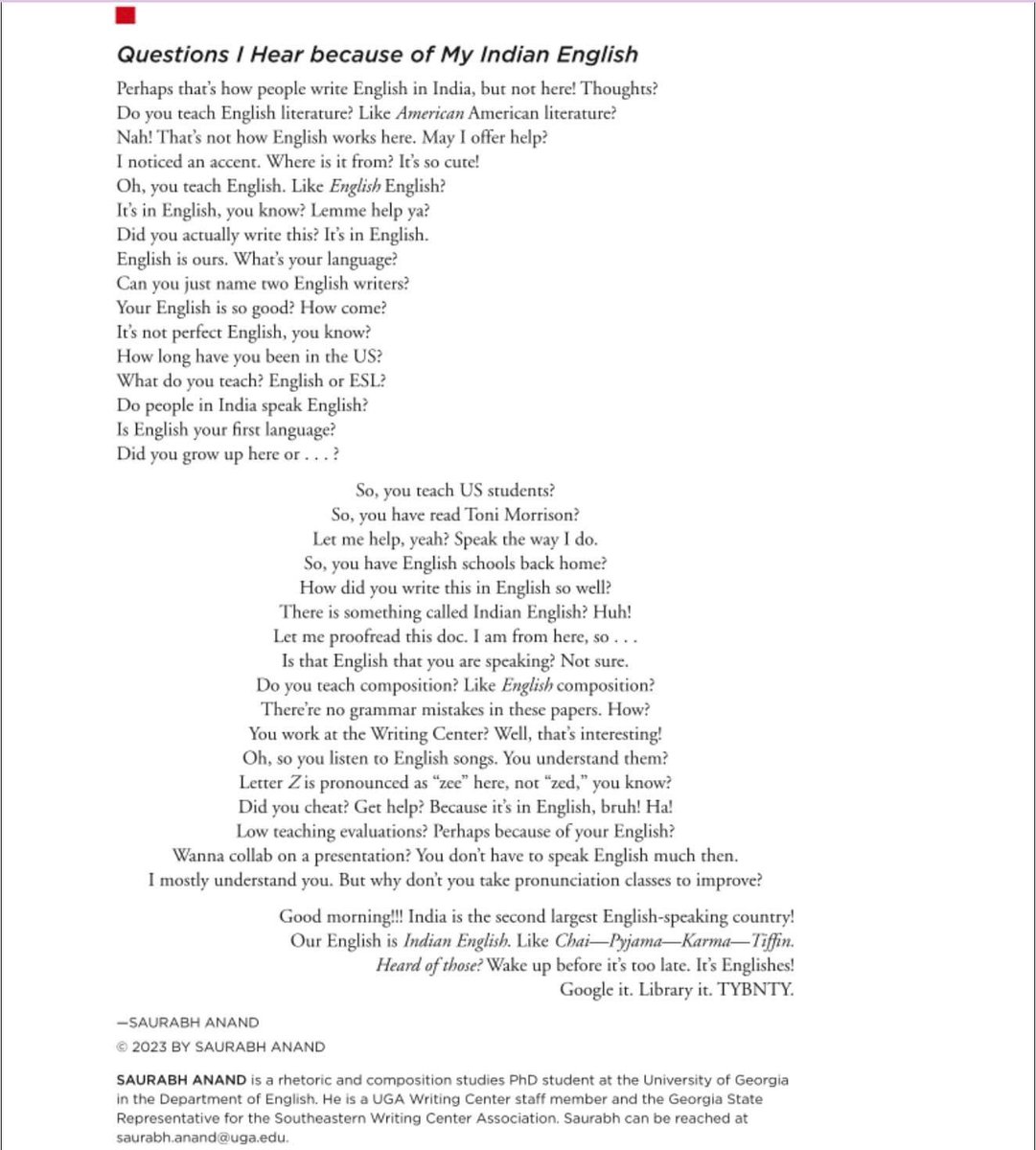 _saurabh_anand_'s tweet image. Thrilled to have my poem "Questions I Hear Because of My Indian English" published in the English Journal's July 2023 edition.
The entire issue is here: publicationsncte.org/content/journa…
Thank you, @ncte