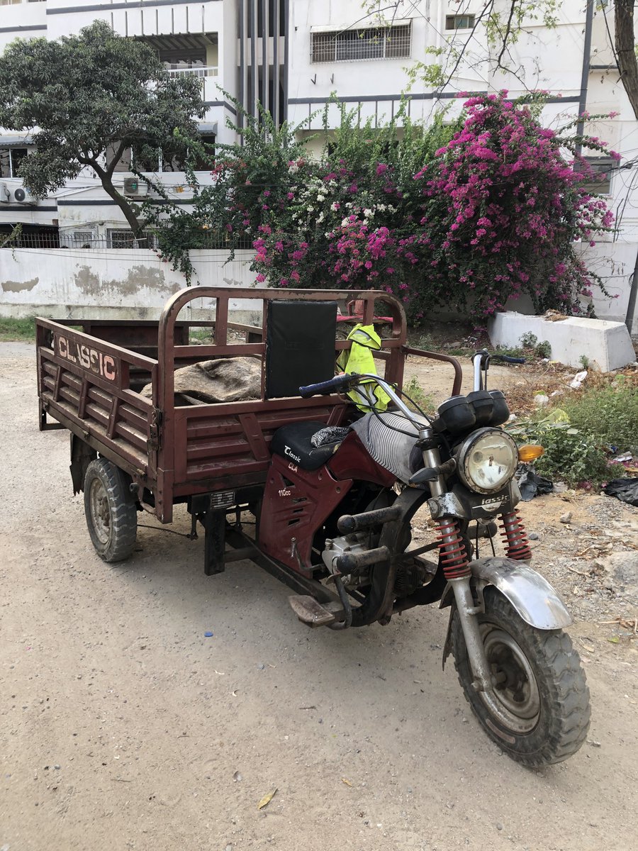 MahimMaher's tweet photo. Khairullah of Shireen Jinnah Colony (family from Bajaur) makes Rs1,000 a house clearing their roads. The Loader motorcycle is Rs250K zero meter. Why can’t we find ways to own informal systems for garbage collection that clearly work better #KarachiWorks #OnItsOwn https://t.co/raTFcFvie1