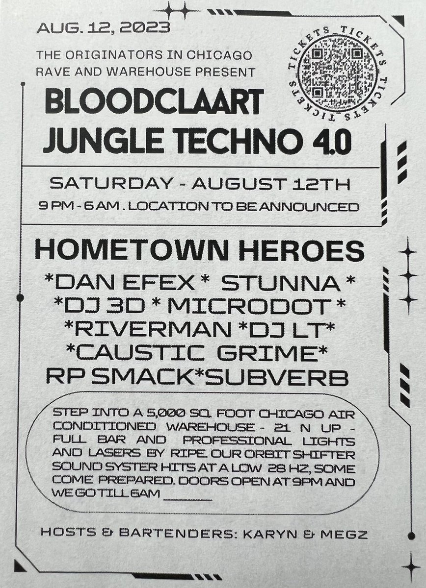 Chicago Warehouse 
Air conditioning 
Lights &amp; Lasers 
Orbit Shifter sound
Jungle/DnB
Techno