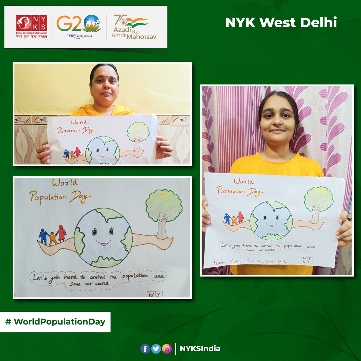 An awareness campaign on #WorldPopulationDay was organised by Youth Volunteers of Nehru Yuva Kendra, West Delhi(@west_yuva). Youth volunteers spread awareness through posters during the campaign.

#WorldPopulationDay2023 #Delhi #India