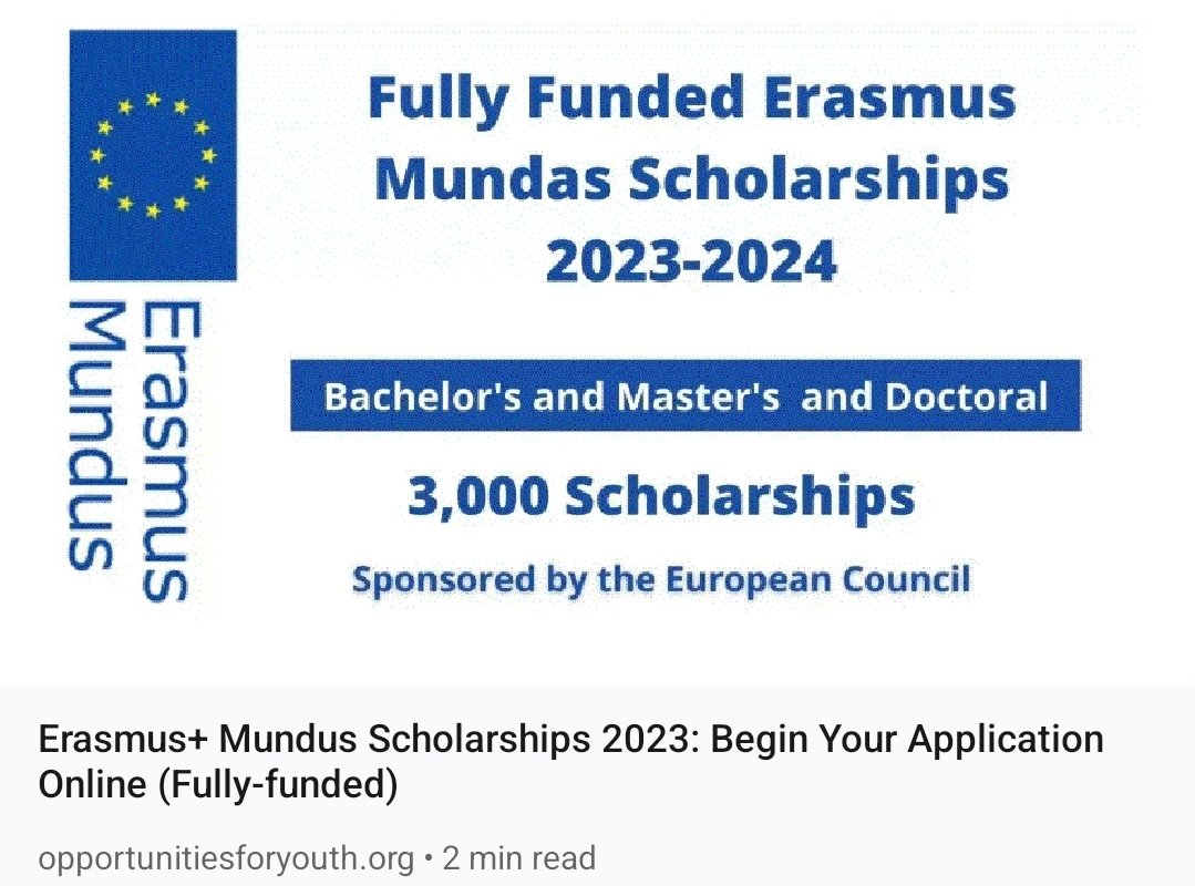 opportunitiesfy's tweet photo. Apply now for fully-funded Erasmus Mundus Scholarships 2023-24! Study for free at top European universities and gain international experience. Don't miss this opportunity! 🎓✨ Apply here: https://t.co/GVB9q8PItL

 #ErasmusMundus #Scholarships #StudyAbroad #Opportunities https://t.co/zBmThpsTFd