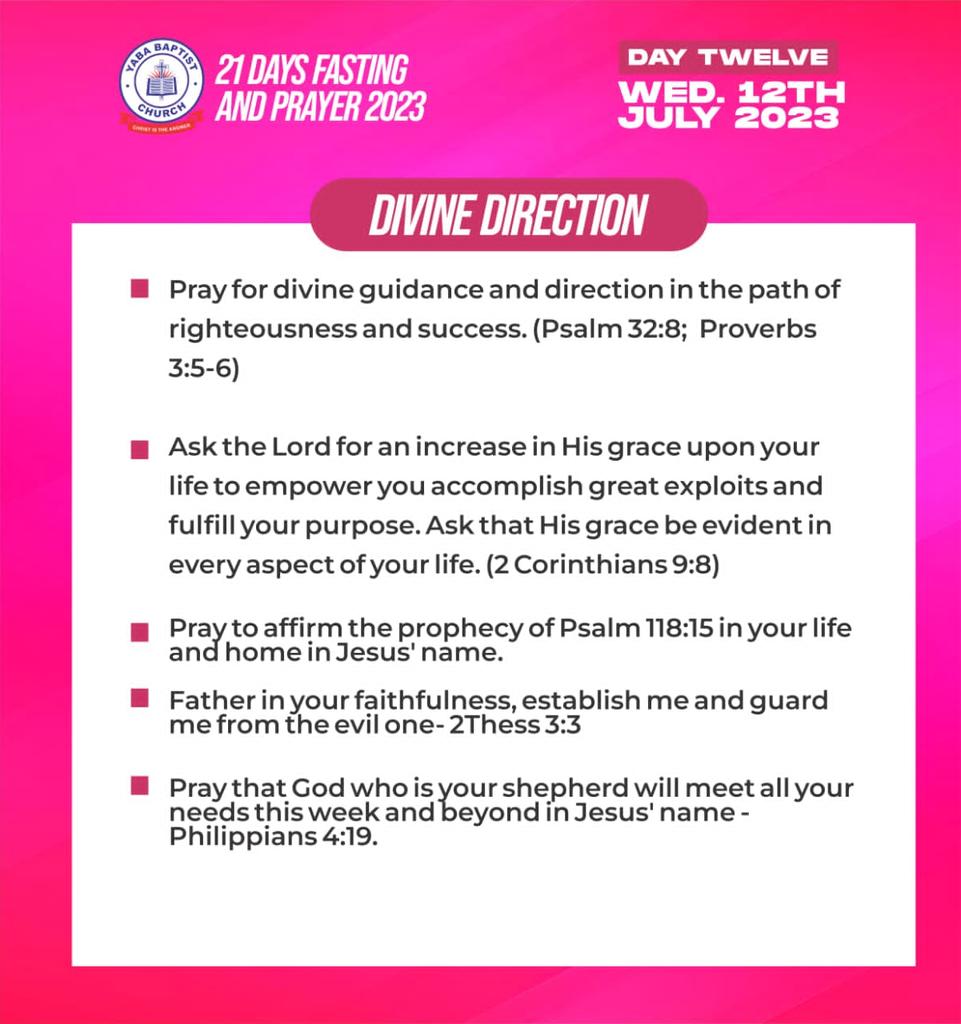 yababaptist's tweet photo. You're doing amazing! Keep pushing yourself to new heights!
Day 12 - Divine Direction
#21DaysOfPrayerAndFasting #LayingItAllDown #TrustingInHim
#Yababaptist #Greaterexploits
#ChristIstheAnswer #ybc https://t.co/oUwqW1uFY5