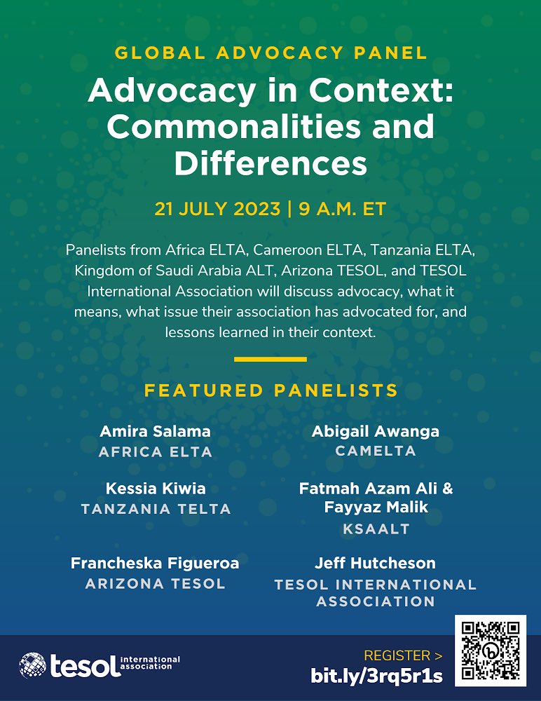 Join the Affiliate Network from TESOL International Association for a webinar "Advocacy in Context: Commonalities and Differences." 
Please join the Affiliate Network from TESOL International Association for a webinar "Advocacy in Context: Commonalities and Differences."
