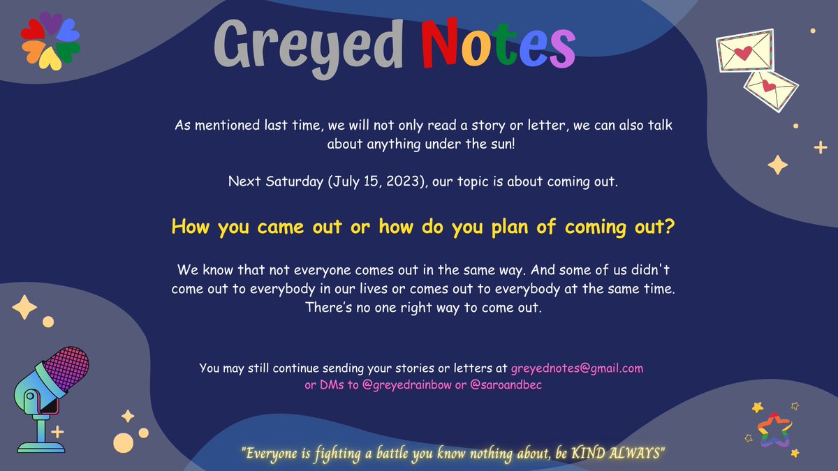 greyedrainbow's tweet image. Coming out is a very brave thing to do, and it’s extremely personal and different for each one of us. Feel free to comment your story or your plan. Talk 2 U on Sat!💕#greyednotes #inspiredbyfreenbecky #FreenBecky #Beckysangels #srchafreen @HealedHeart10 @saroandbec @freenkybells