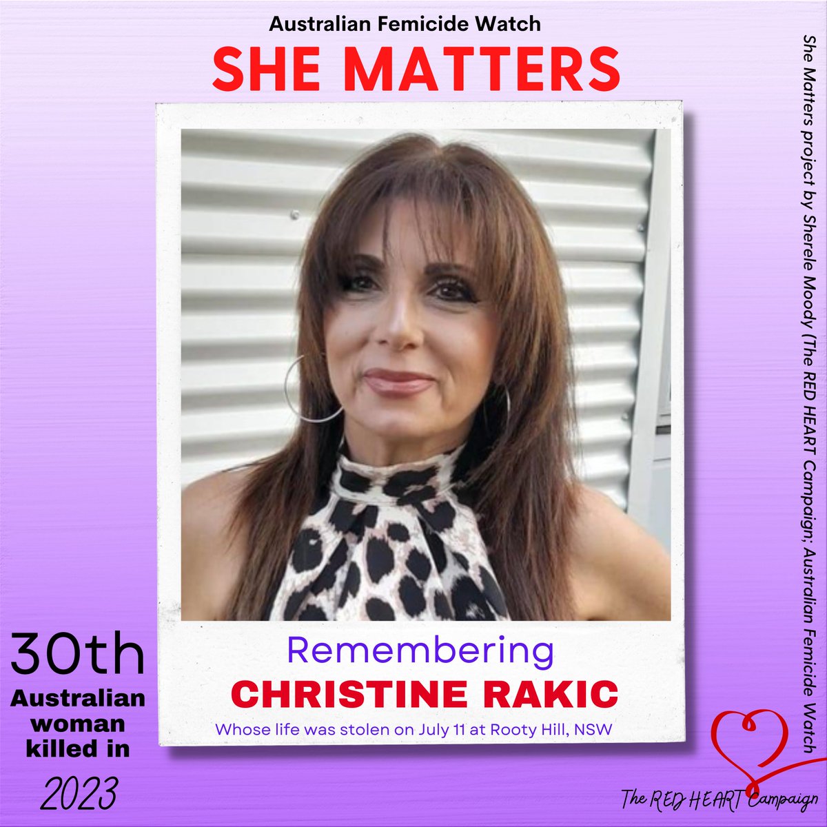 ShereleMoody's tweet photo. ❤️SHE MATTERS: REMEMBERING CHRISTINE RAKIC!❤️

Christine Rakic was killed at a home in Rooty Hill, NSW,  on Tuesday. Her former partner is under police guard. Christine is the 30th Australian woman killed this year. She is the third woman murdered in just six days. https://t.co/70TCCNhQIE