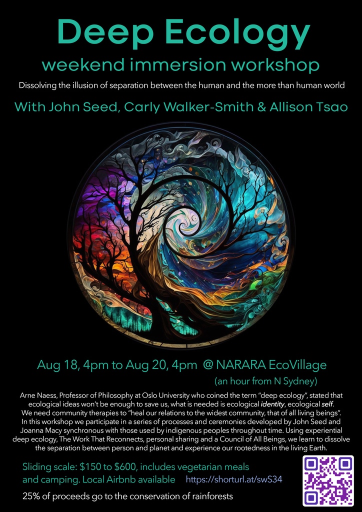 Join for a weekend of deep ecology at the Narara Ecovillage

What? A deep ecology workshop
When: 18th of August - 20th of August, 2023
Where: Narara Ecovillage- an hour north of Sydney

25% of proceeds from the workshop will go towards the Rainforest Information Centre!