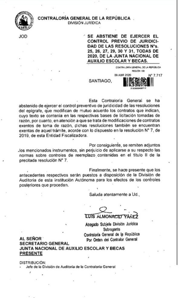 junaeb's tweet photo. (Hilo 3/5)

2. Según el oficio 7.717, CGR instruyó a Junaeb que cuando las bases de licitación cuentan con toma de razón, los contratos y sus modificaciones, no requieren toma de razón. Adjuntamos resolución. https://t.co/nGPdO96dHK